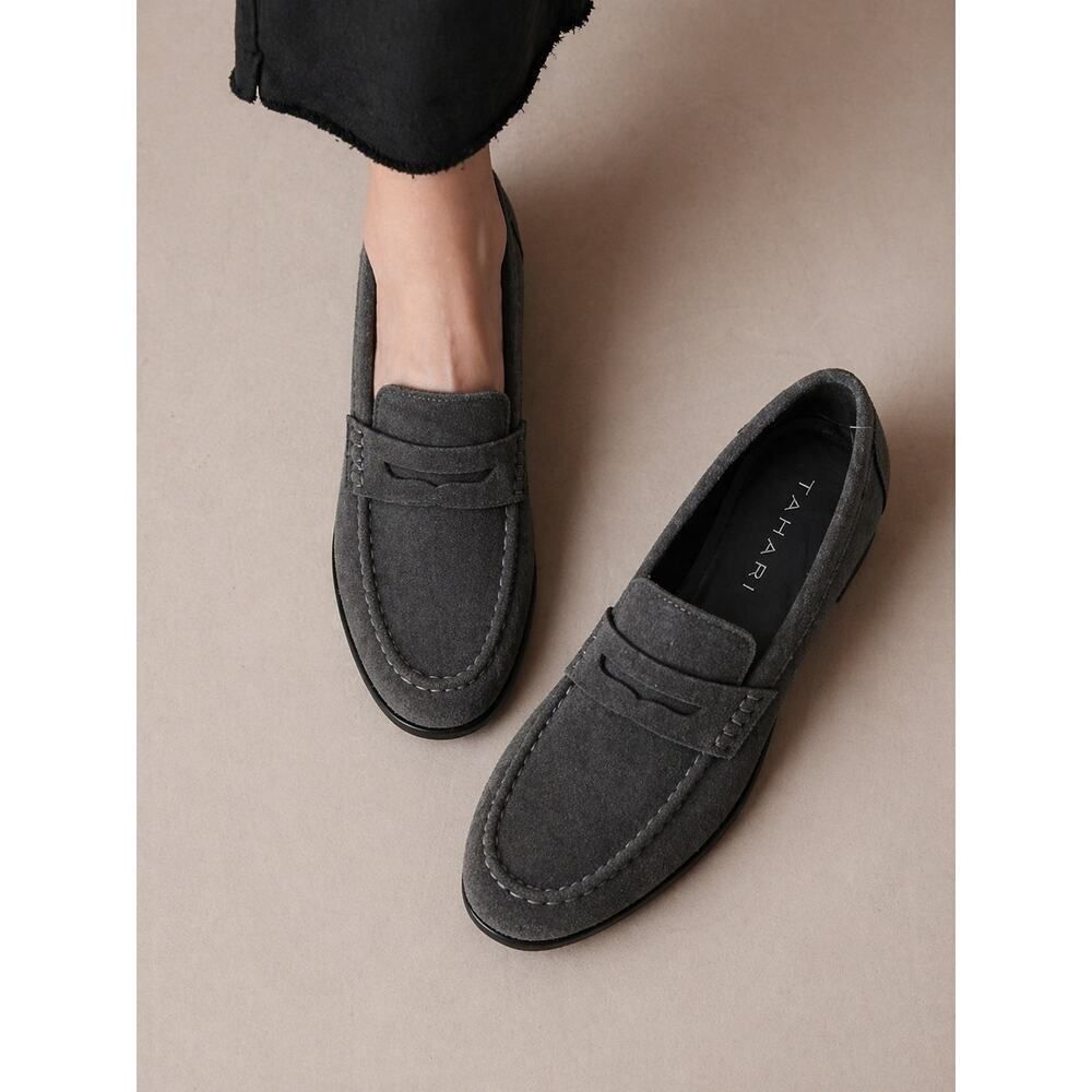 Tahari Gray Suede Penny Loafers Womens 9M Slip On Classic Flats Quiet Luxury